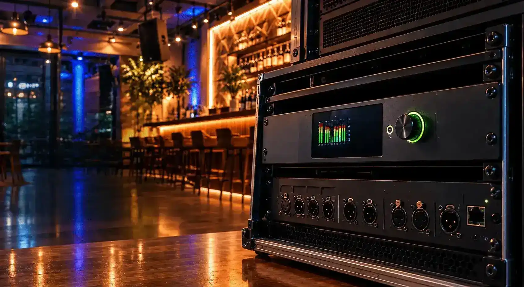 Rack de equipos de sonido profesional y limitadores acústicos en el escenario de un restaurante